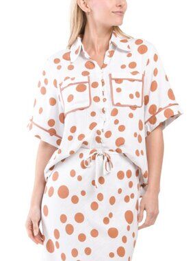 NWT White Closet Linen Blend White Brown Polka dot short sleeve Top